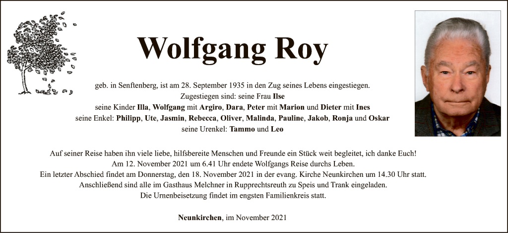 Traueranzeige Wolfgang Roy